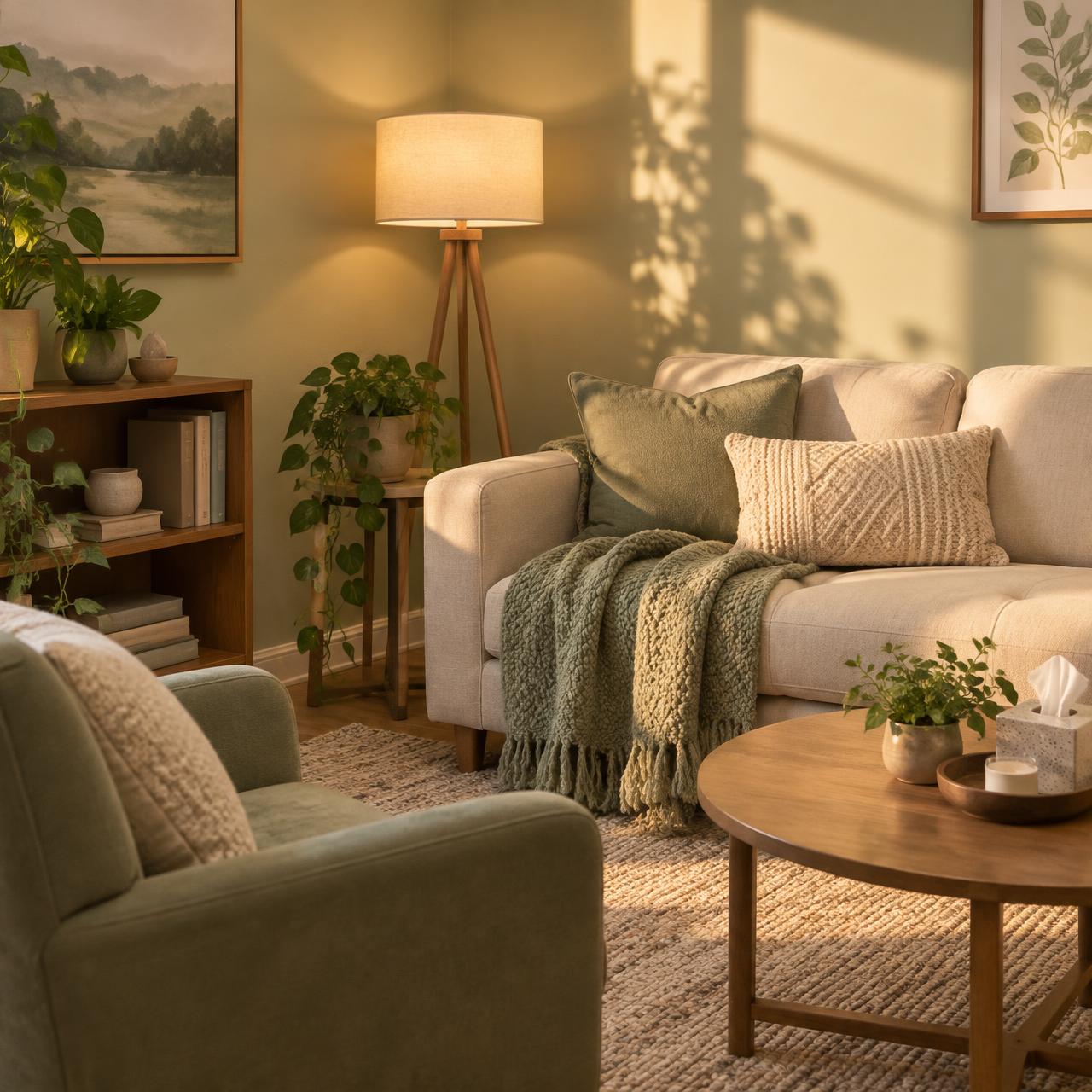 Warm counseling office with a soft couch, glowing lamp, and afternoon sunlight at Lunar Bridge Counseling