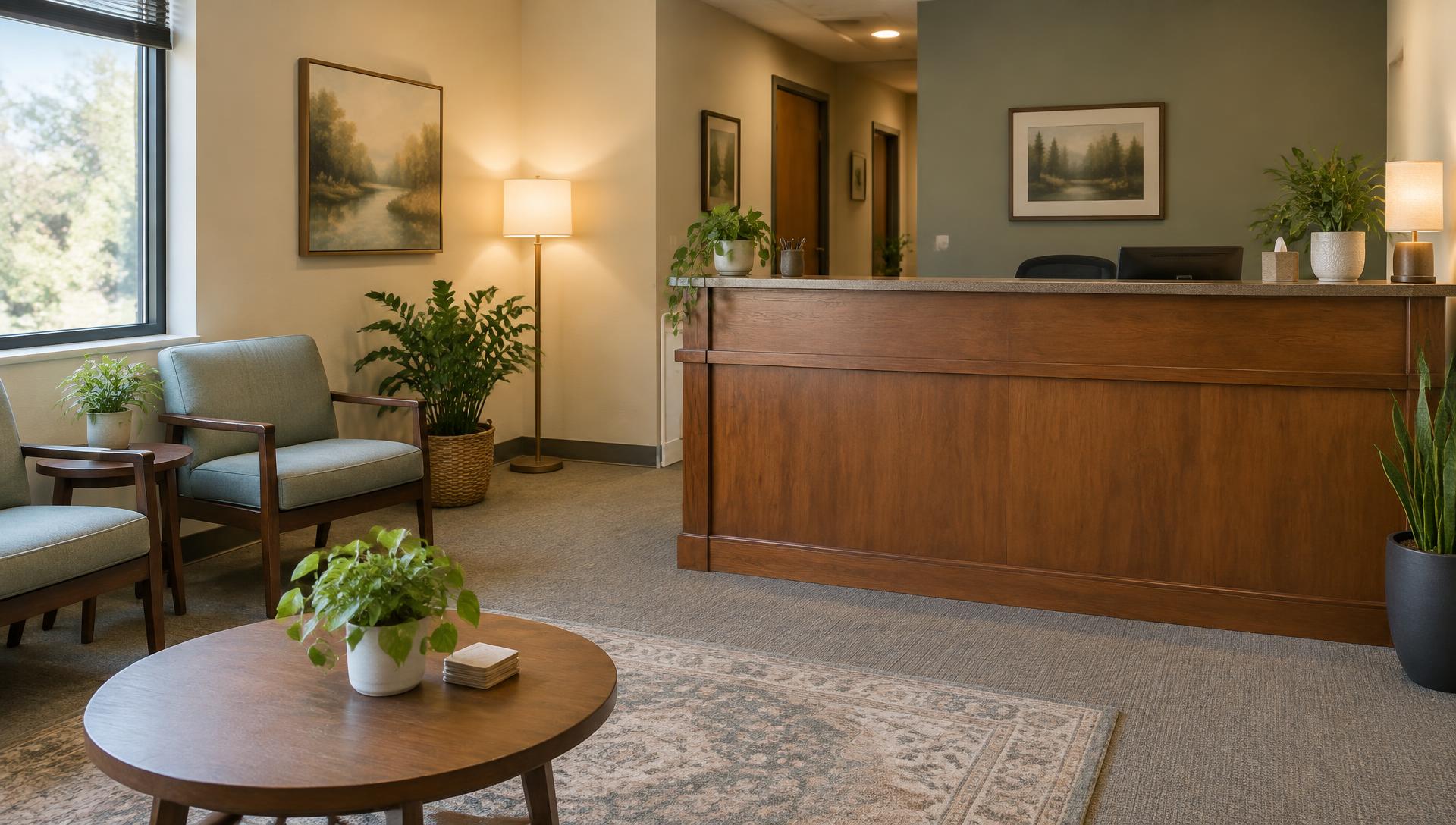 Welcoming counseling office reception with a wood front desk, chairs, and plants