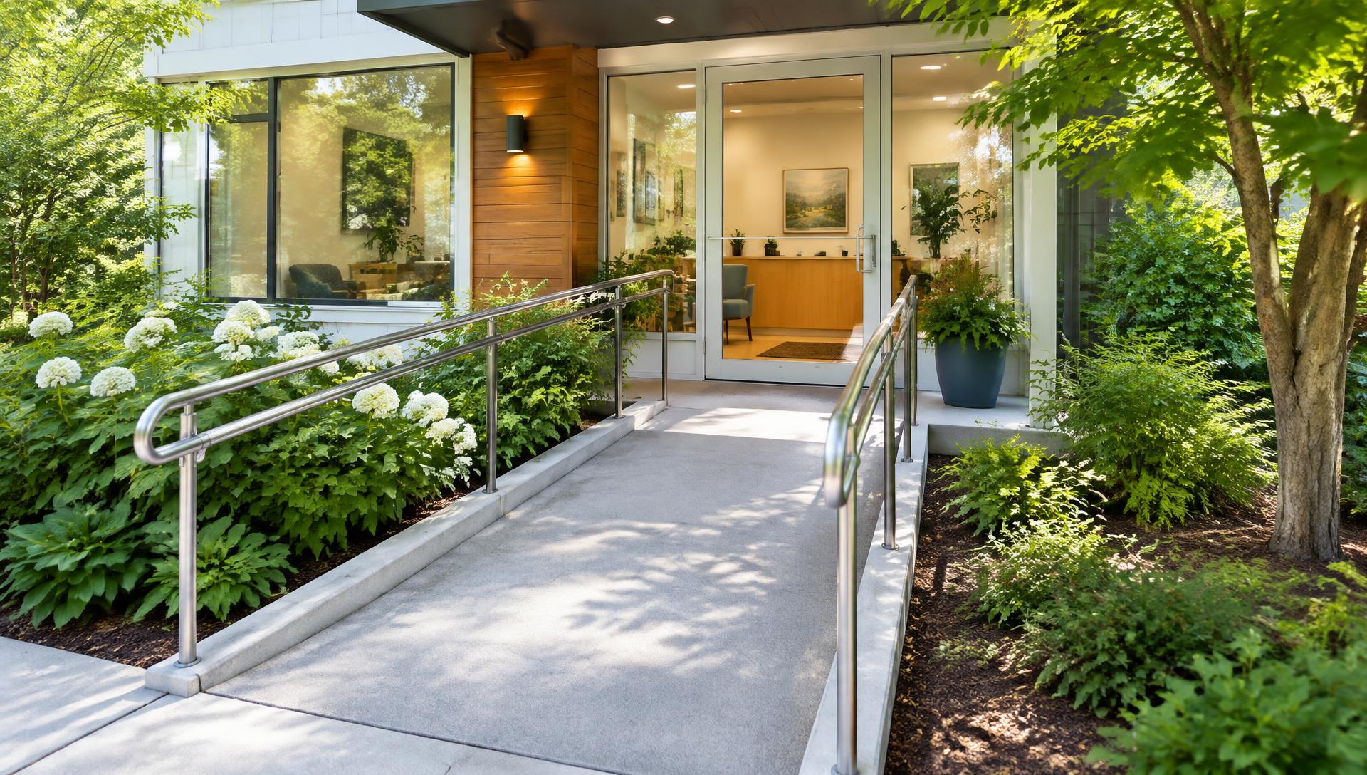 Gently sloped ramp leading to the bright glass entrance of a welcoming office