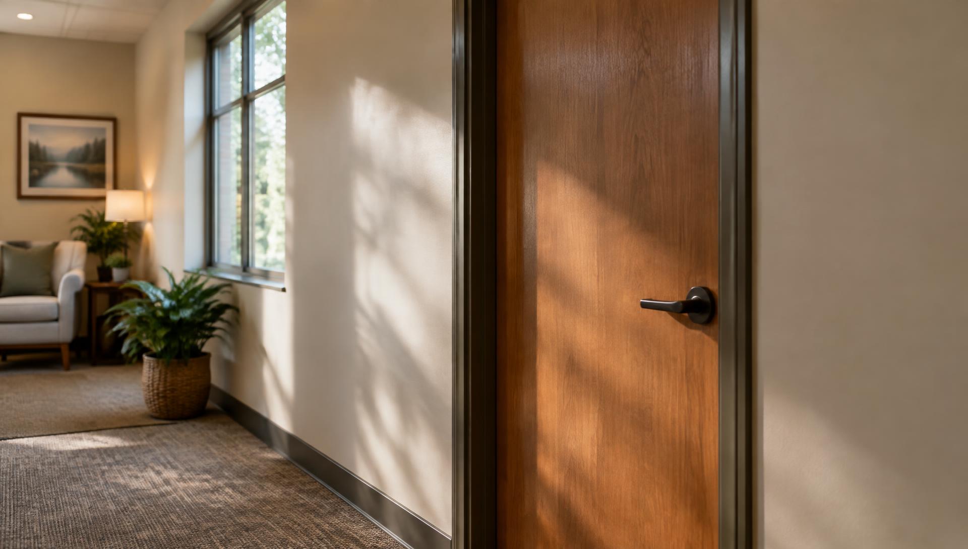 Closed wooden office door in a sunlit counseling practice hallway