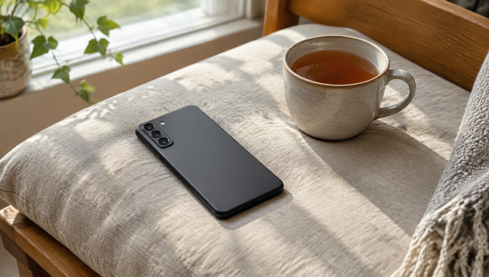 Phone lying face down on a linen cushion beside a cup of tea