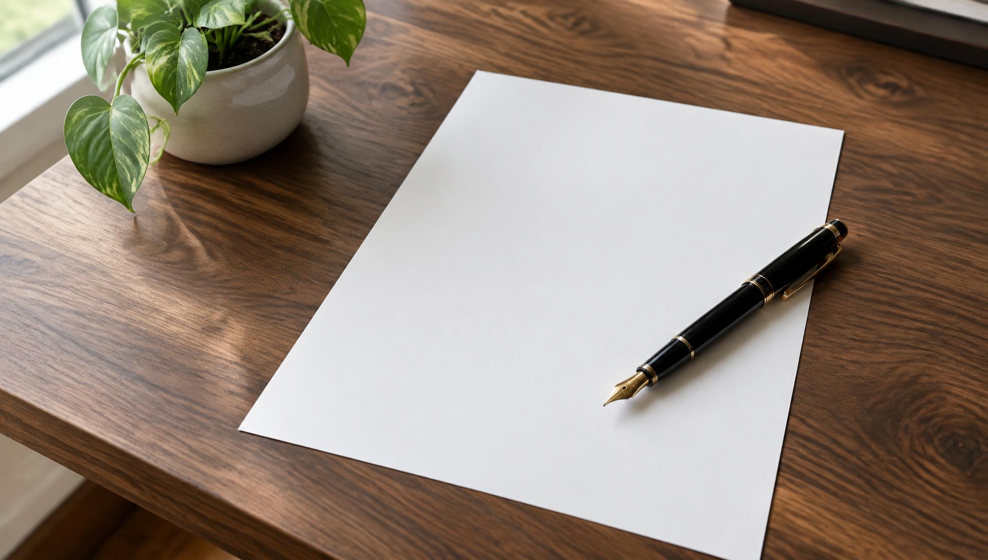 Fountain pen resting on a blank sheet of paper on a walnut desk