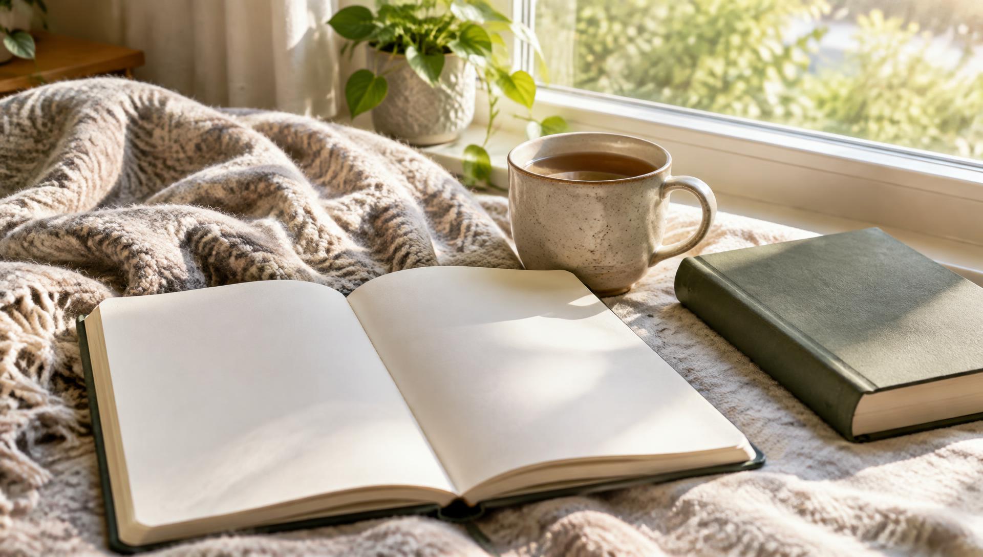 Open blank journal and a cup of tea on a soft blanket by a sunny window