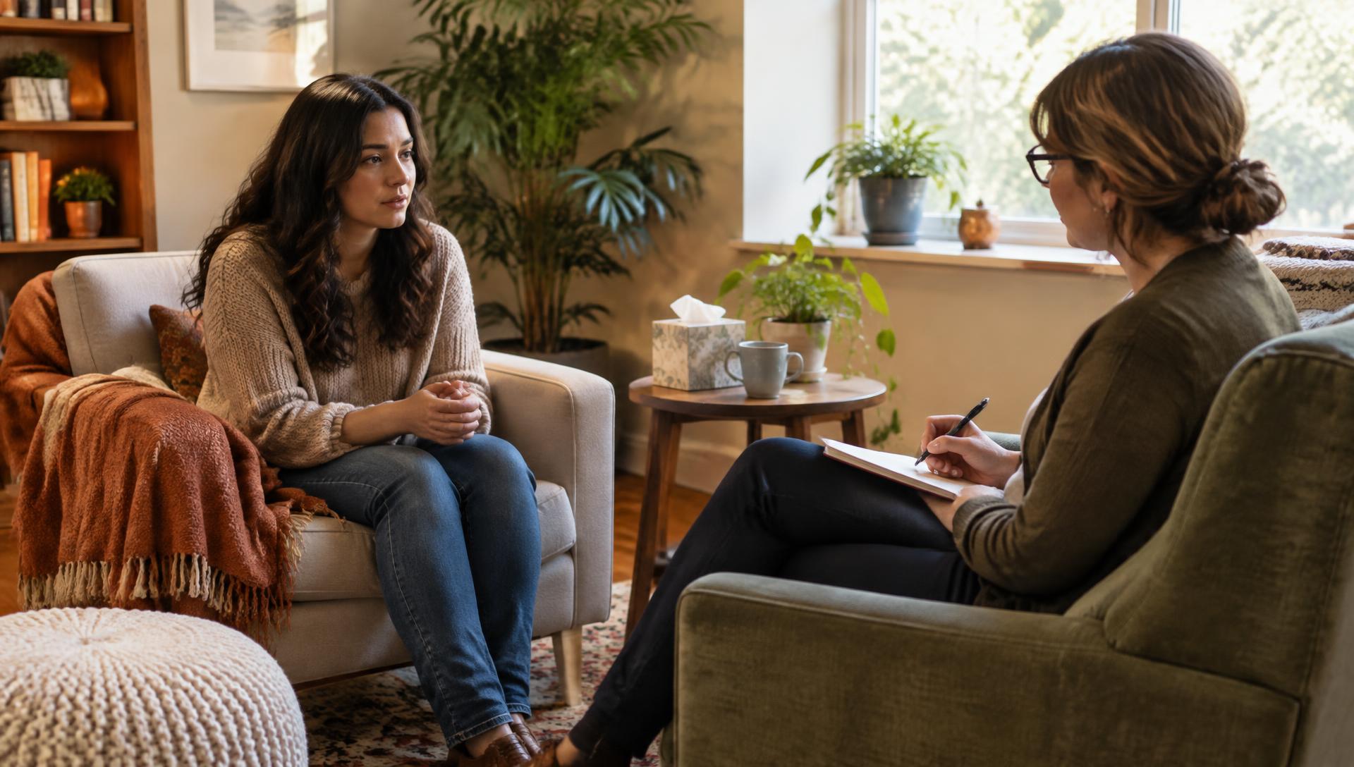 Counselor and client talking in a warm, plant-filled counseling office