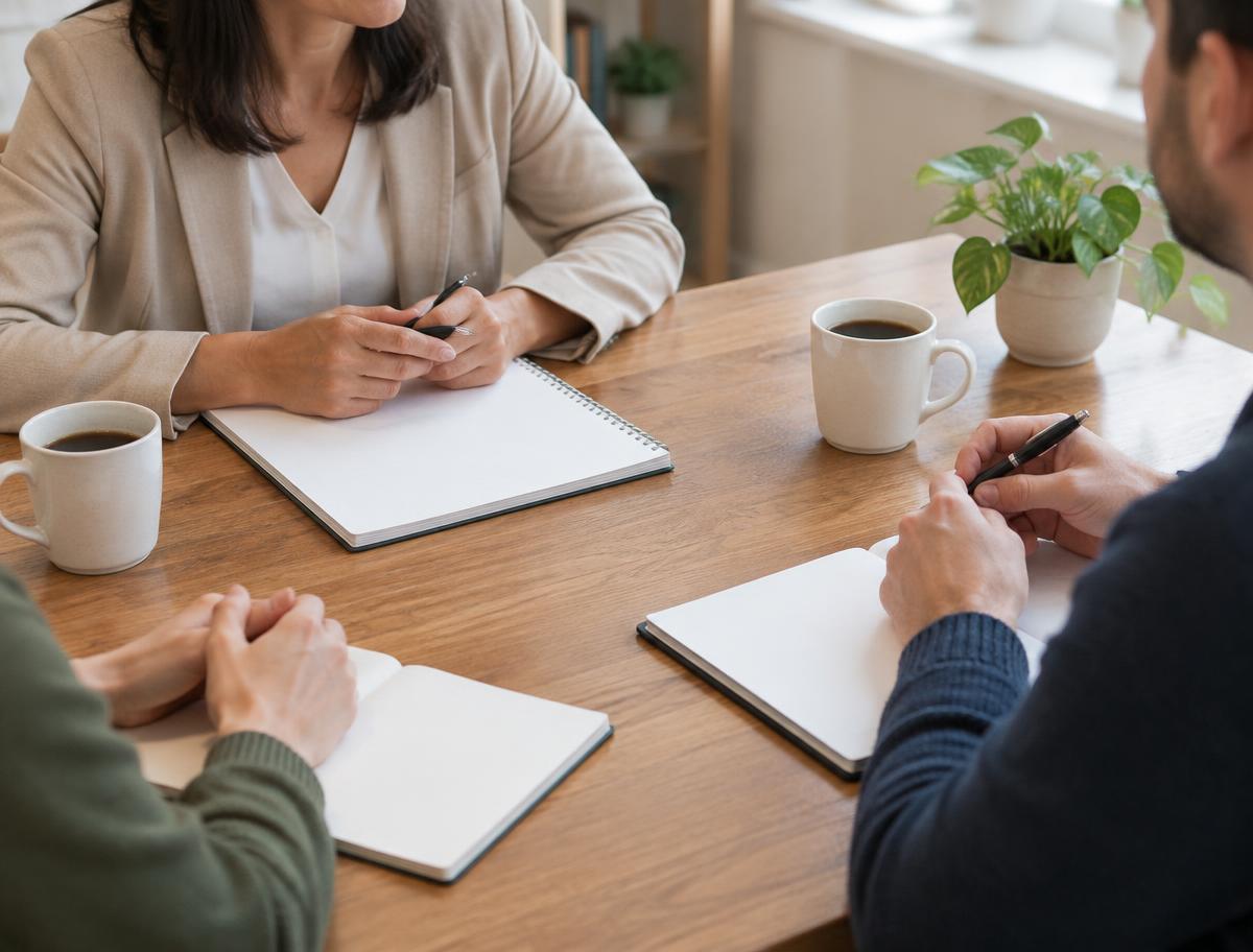 Professionals meeting at a wooden table with notebooks and coffee during a consultation