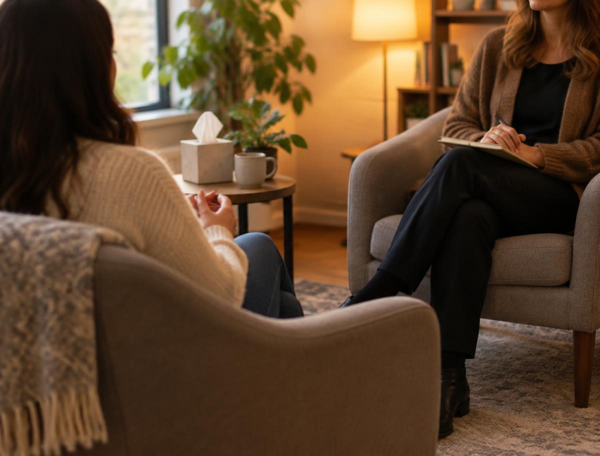Counselor listening to a client in two comfortable chairs in a warm therapy room