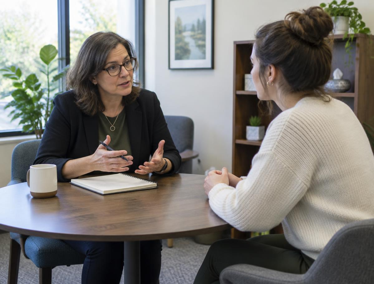 Clinical supervisor in discussion with a counselor at a round table in a bright office